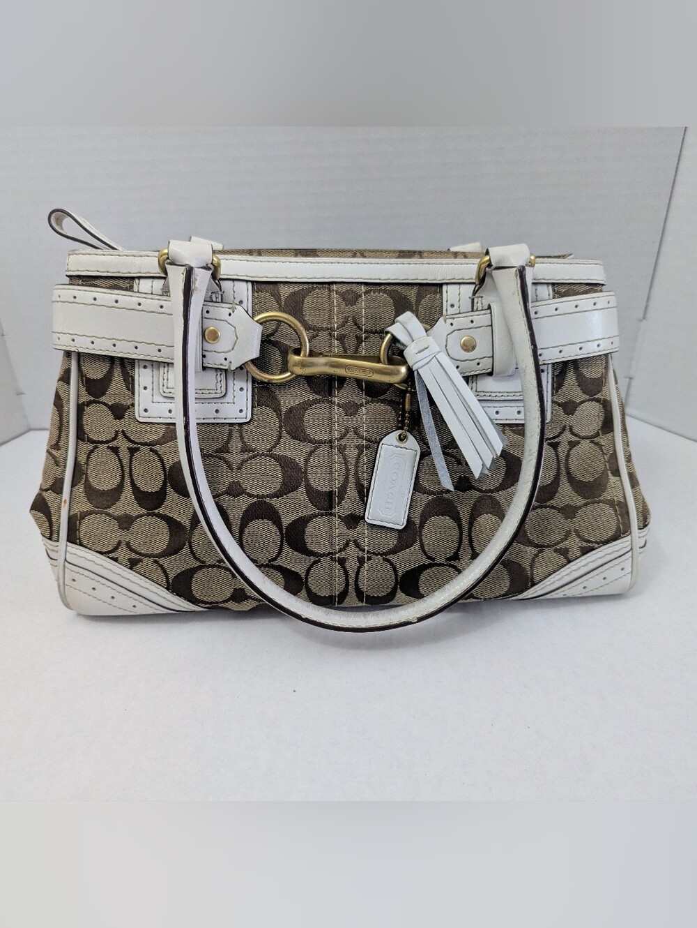 COACH Hamptons Signature Canvas Shoulder Bag Brown Monogram White Leather H0673